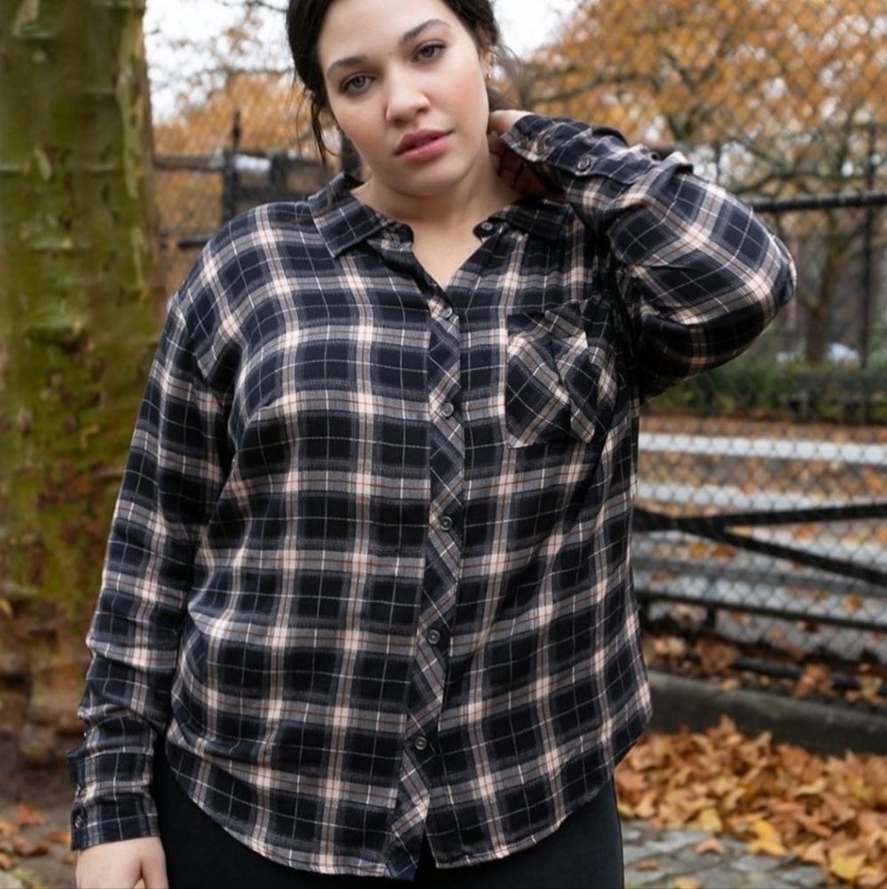 SONCY Plus Size Burgundy Beige Plaid Long Sleeve Button Up with Tie Back